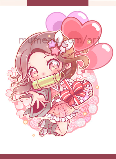 Chibi Nezuko Demon Slayer Celebrating Valentine's Day adorable anime balloons chibi cute demon slayer hearts love lovely nezuko pastel aesthetic pink aesthetic pretty roses valentine valentines day