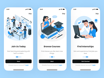 Mobile App Onboarding Screens android app app design branding course figma illustration internship ios job learning app mobile onboarding screens screen seamless splash ui ux welcome welcome screen