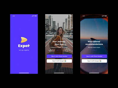 Expat - Mobile Application 🛫 apple dark mode design systems input fields ios mobile mobile ui mockup onboarding questionnaire sign in splash screen travel travel app ui kit user flow user interface visual identity wander wanderlust