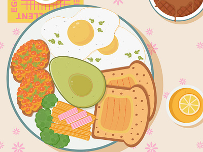 Yummy breakfast/A Food Illustration avocado bread breakfast broccoli cake chocolate eggs food food illustration friedeggs lemon morning plate sauce scrabsticks tea vectorart yummy