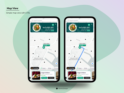 Mapping View with CTA's app booking branding coupon design figma graphic design illustration listing map mobile pin restaurant route tags typography ui vector