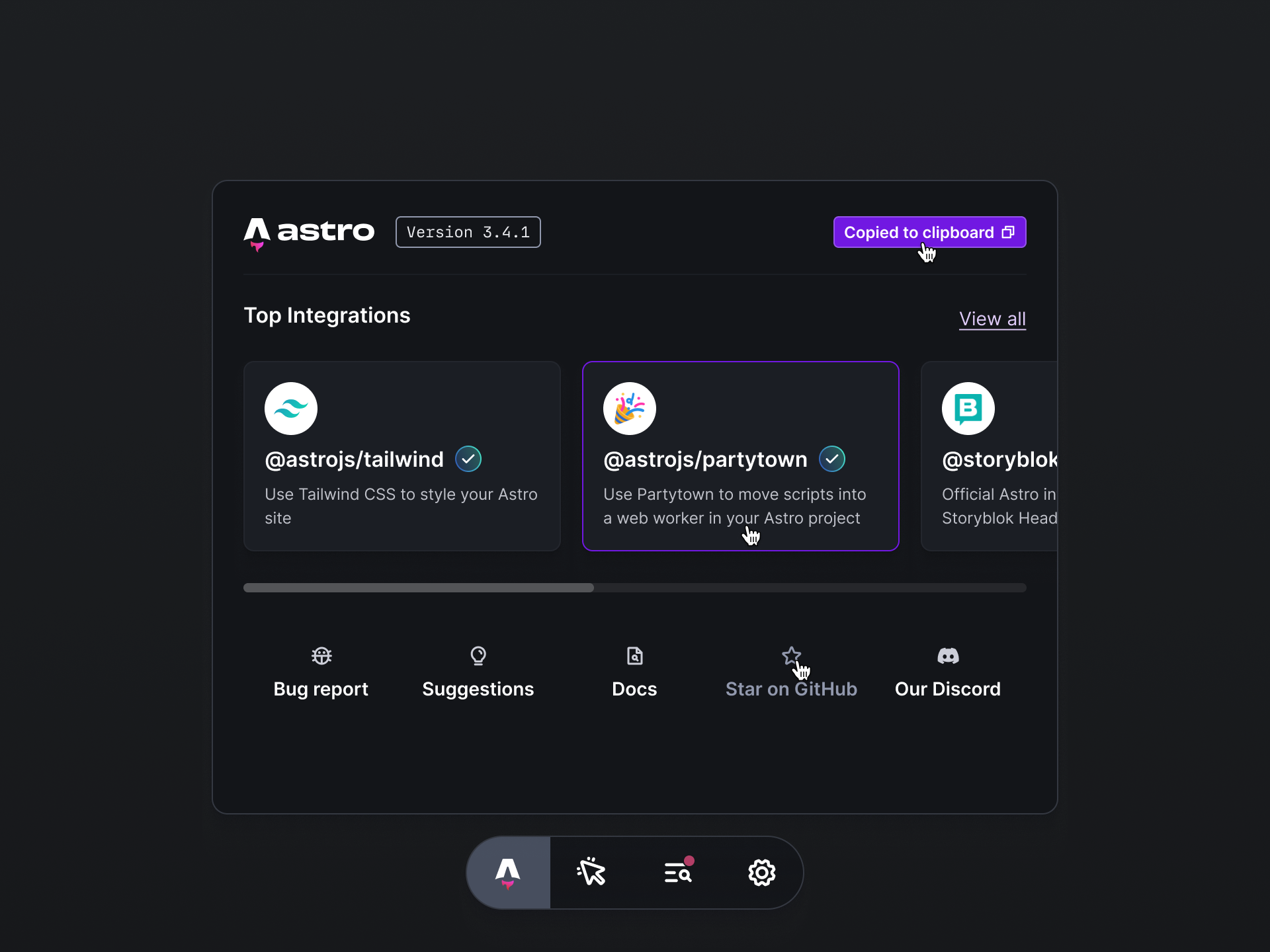Astro Dev Tools dev tools interface product toolbar ui