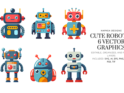 Cute Robots - 6 Vector Graphics adobe art branding cute cute robots cyborgs design future futuristic graphic design illustration illustrator kawaii robots product robots vector art