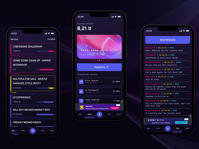GIG3R - Cyberpunk LARP app banking chat cyberpunk dark design futuristic game ui interface job board larp mobile olx retro futuristic ui