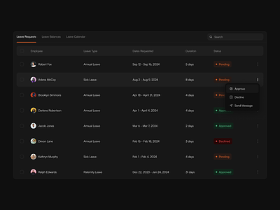 Leave Requests Table Component app component design filters interface table ui ux web