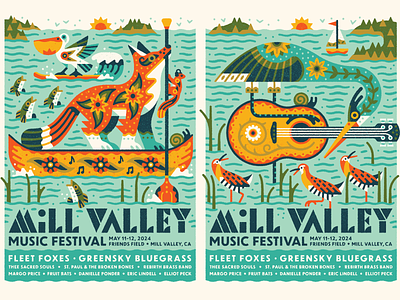 Mill Valley Music Festival Posters bay bay area drums floral fox gig poster guitar heron illustration kayak music music festival ocean pelican poster poster design san francisco seal texture vector