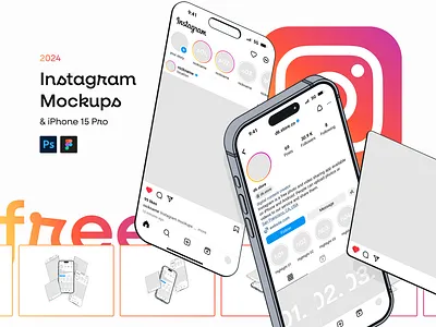Free Instagram Mockup Kit with iPhone 15 Pro design bundle download free mockup freebie graphic design instagram instagram mockup iphone 15 pro mockup portfolio psd social media social media post