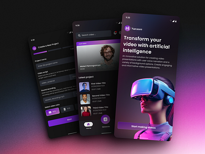 Narasee | AI-Based Video Maker App ai app artificial intelligence branding dark design editor future futuristic inspiration mobile modern neon typography ui ux video video maker