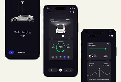 Tesla charging app exploration charging station dark mode dark ui minimal product design tesla tesla app ui user interface