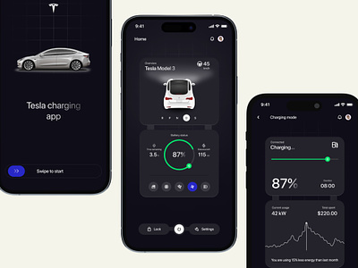 Tesla charging app exploration charging station dark mode dark ui minimal product design tesla tesla app ui user interface