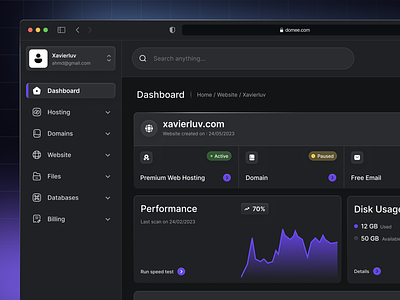 Domee - Domain Dashboard admin dashboard cloud hosting cloud server dark design dark theme dashboard dashboard design domain domain dashboard hosting linear product design server hosting ssl ui ui design uiux web design web hosting website