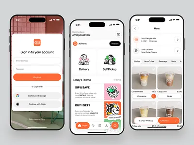 Coffee Delivery App app app design cafe cafe app clean coffee coffee app coffee delivery delivery delivery app home screen ios mobile mobile app order order page product page ui ux