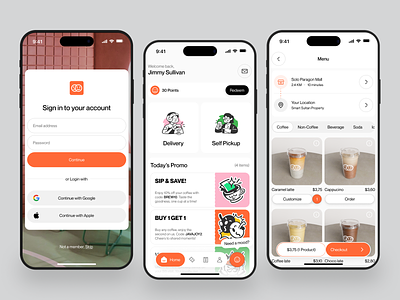Coffee Delivery App app app design cafe cafe app card clean coffee coffee app coffee delivery delivery delivery app home screen ios mobile mobile app order order page product page ui ux