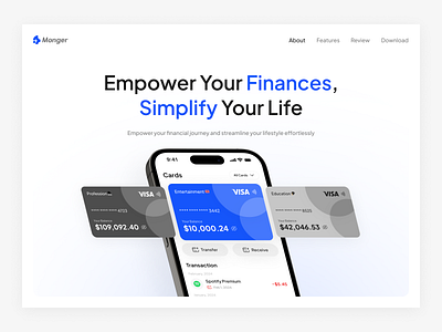 Hero Website Monger - For Landing Page amount app balance bank card design e wallet finance fintech hero hero website landing page manager money payment split bills taufiq transaction ui website