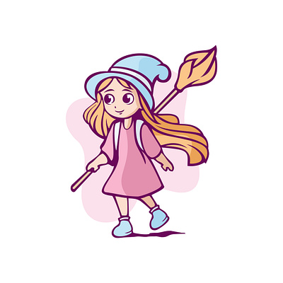 Cute Little Witch Holding Broom Illustration adorable animation charismatic charm design drawing enchanting glittering glowing illustration imaginative mystical mystified playful potion sparkling spellbound supernatural vector wholesome