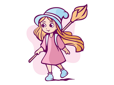 Cute Little Witch Holding Broom Illustration adorable animation charismatic charm design drawing enchanting glittering glowing illustration imaginative mystical mystified playful potion sparkling spellbound supernatural vector wholesome