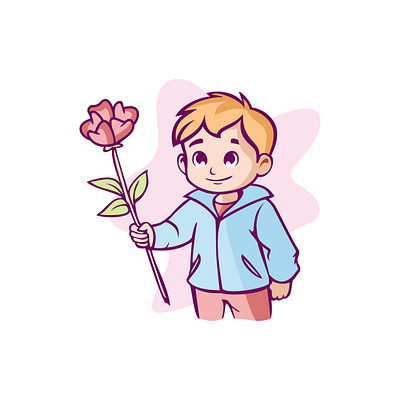 Cute Boy Holding Flower Illustration adorable animation blooms blossom delightful design drawing gentle heart illustration innocent joyful playful smiling sunny sweet vector whimsical youthful