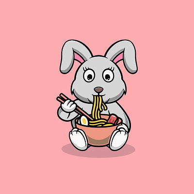 Cute rabbit eating ramen noodles cartoon illustration pasta