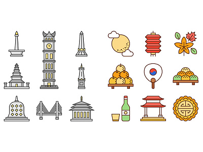 Landmark & Festivity Icons chuseok festival icon illustration indonesia korea landmark vector