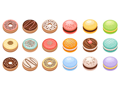 Doughnuts & Macaron chocolate colorful dessert donut doughnut food illustration macaron strawberry sweets vanilla vector