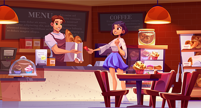 Friendly baker and customer in modern cafe baker cafe character character design design game game design illustration vector