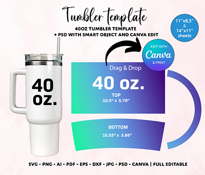 40oz Tumbler Template, Tumbler Sublimation template 40oz handle tumbler 40oz quencher 40oz template graphic design tumbler sublimation