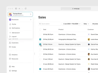 Vendy - Account dropdown account component crypto dashboard design system dropdown interaction manage profile saas settings web web3