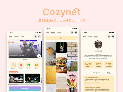 Cozynet Social Media Platform-UI Mobile Concept Design app concept cozy cozynet design figma mobile platform socialmedia ui uidesign