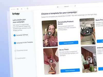 Krispy. Select Template for Your Video Campaign app design dashboard design desktop app jobsearch product design progress bar template ui ui dashboard unboxing userexperience userinterface ux ux research video campaign video creation video review web design web platform
