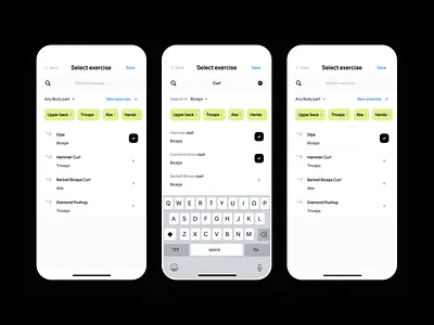 Workout Tracker - Add Workout Flow android app app application design fitness fitness app green gym gym app iphone app minimalism mobile simple ui ux workout workout tracker