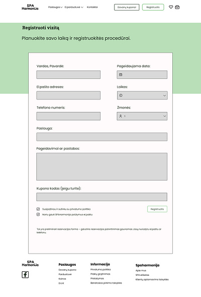 Registration form page for a visit to a spa service procedure design web design