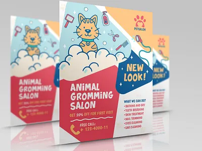 Pet Grooming Salon Flyer Template animals bathing beauty care cat clean cut dog dry hair haircut medical nail pets salon shower teeth treatment trimming vet
