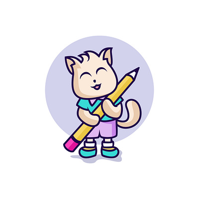 Happy Cat Holding Pencil Illustration adorable artistic cat cheerful content creative cute design drawing expressive happy holding illustration joyful pencil playful playfulness smiling vector whiskers