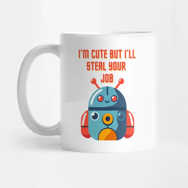 I'm Cute But I'll Steal Your Job adobe art branding design funny graphic design humor illustration illustrator mug pillow product quotes robot robot jokes robot puns sticker tote bag tshirt