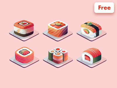 Sushi Icons 3d abstract branding colorful colors design food icons free freebie geometric illustration isometric sushi icons japanese food sushi cartoon sushi icons sushi illustration sushi rolls vector vector art