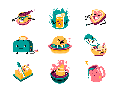 Breakfast stickers breakfast butter cereal character coffee croissant fun icon illustration juice milk morning orange sticker stickers stickers pack tea thierry fousse toast toaster