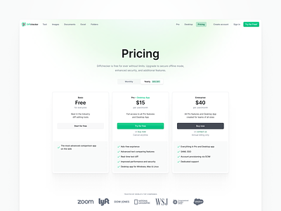 Diffchecker pricing page app billing breakdown costs header landing page light marketing minimalistic plans prices pricing pricing page pricing table soft gradients soft shadows subscription tiers ui website
