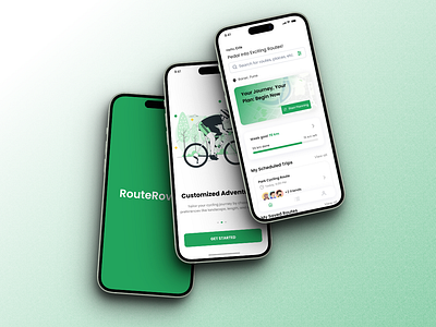 RouteRover - A route builder app for Cyclists adventure aesthetic app clean cycle design distance figma green home map minimal mobile route routebuilder settings ui uiux ux white
