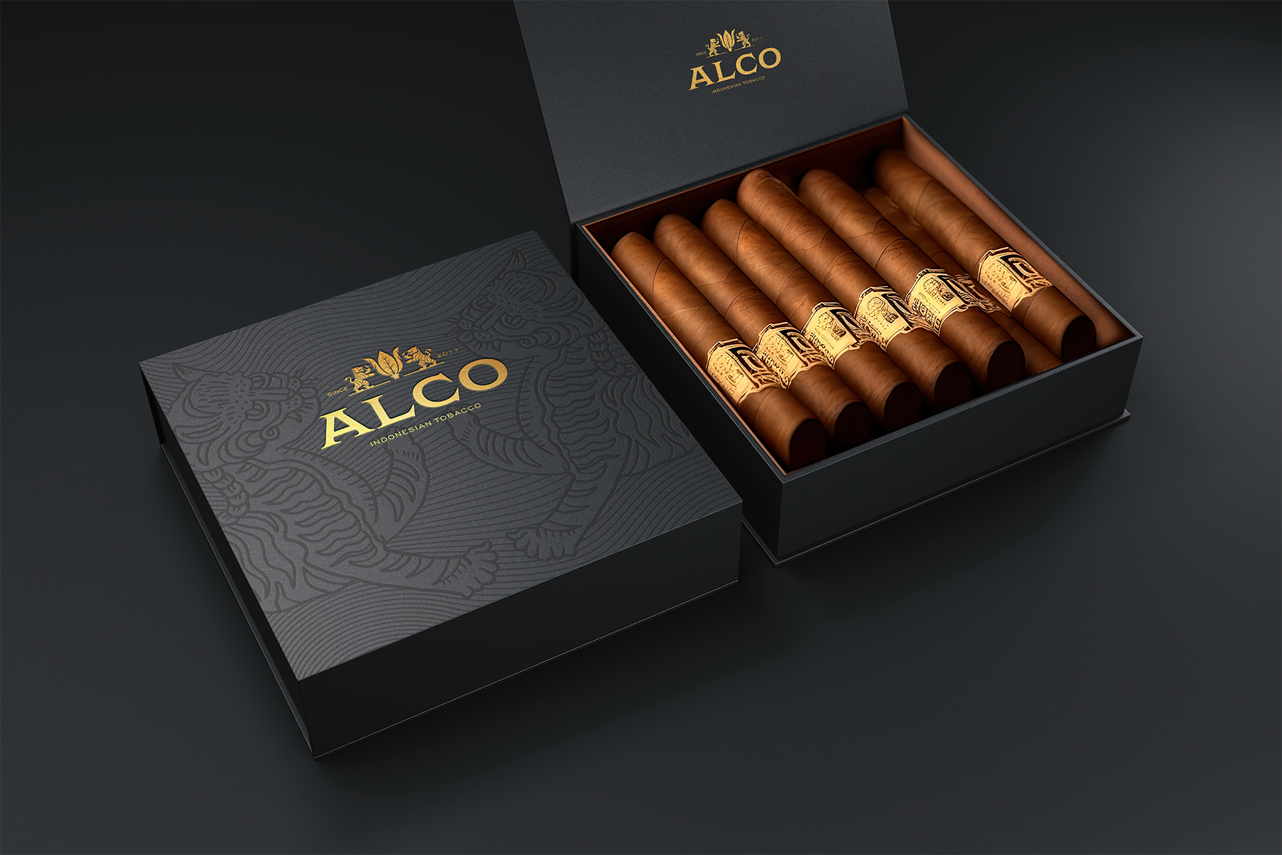 Alco Indonesian Tabacco - Brand + Packaging Design black box brand design cigars design golden illustrator logo design luxury ornamental pack packaging design photoshop tabacco visual design
