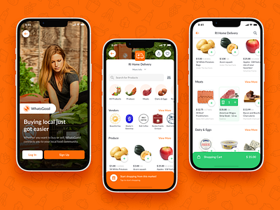 Mobile App - WhatsGood apple cart ecommerce food green ios iphone marketplace mobile mobile app orange product design product list shopping shopping cart ui ux welcome screen