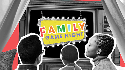 Family Game Night - Intro animation black and white collage curtains cutout dad family fun game game night kid marquee mograph mom motion design motion graphics sign television tv watch