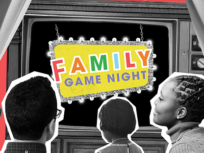 Family Game Night - Intro animation black and white collage curtains cutout dad family fun game game night kid marquee mograph mom motion design motion graphics sign television tv watch