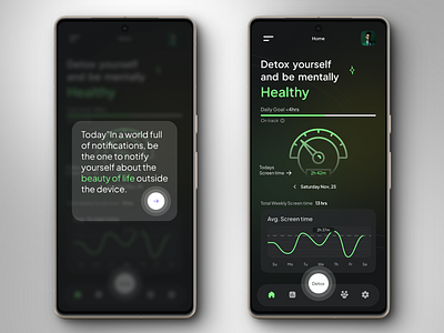 Digital Detox App - Track screen time app black clean cool dark design detox digital figma goal gradient green healthy mobile screentime simple ui uiux ux weekly