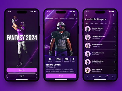 Fantasy Football Concept dark mode fantasy football figma futuristic game iphone minimal mobile modern player profile purple sports statistics super bowl ui ux