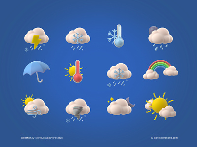 3D Weather icons 3d blender 3d cloud design figma icons illustration png rain rainbow temperature thunder tornado ui ux weather icons weather icons set