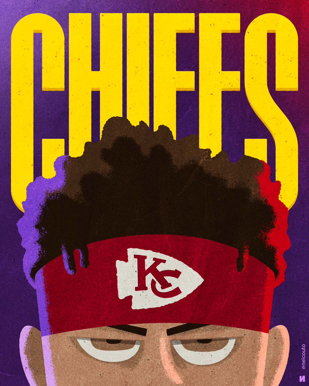 Super Bowl 58 / Mahomes & McCaffrey 49ers character chiefs eyes football gray grunge illustration layered nfl niners portrait purple red texture yellow