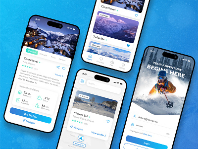 Ski Resort Mobile App app design blue map mobile app mountains navigation product design ski ski app ski resort ski slope skiing snow snowboard sports travel ui ux winter