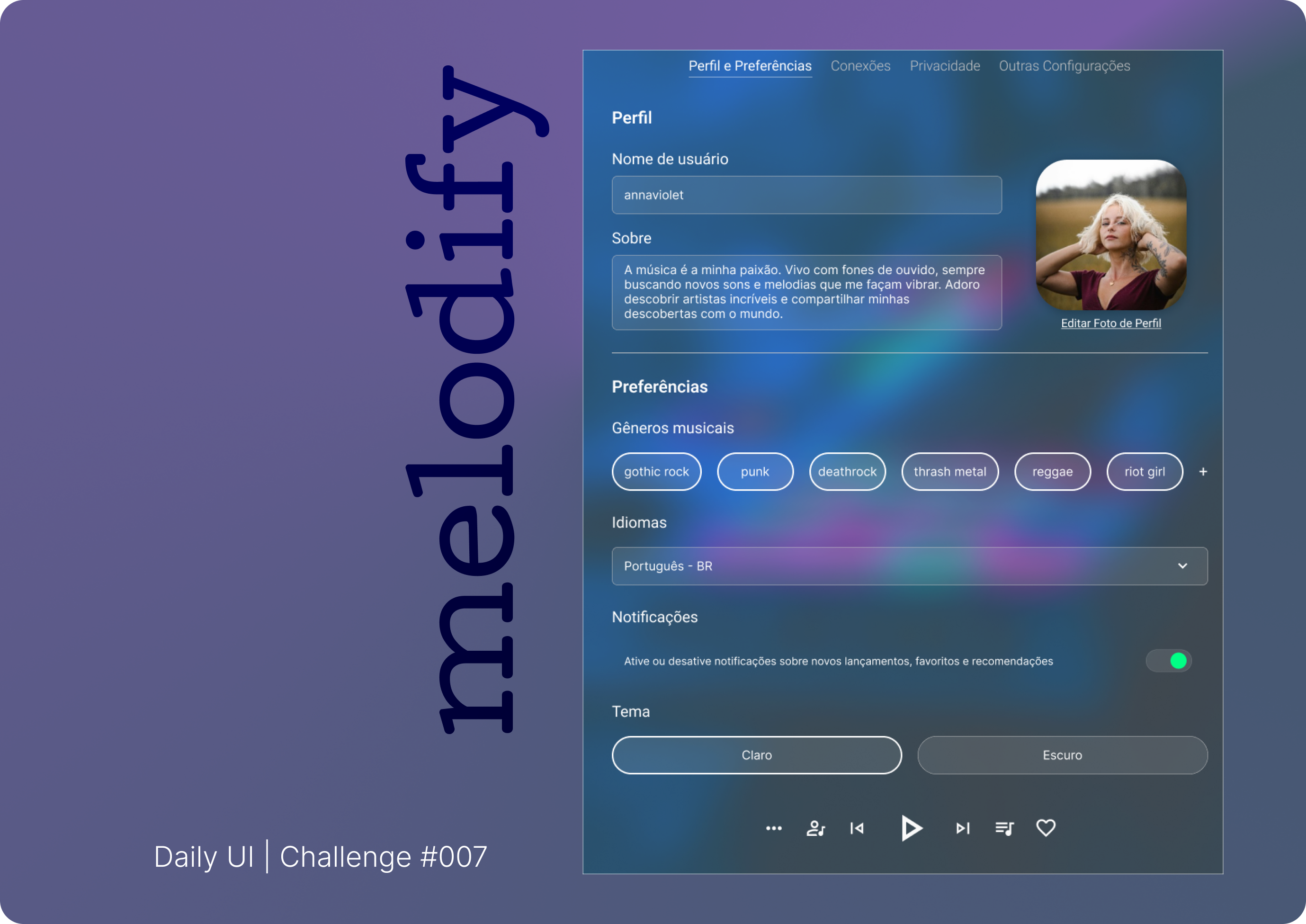 #007 | Settings ch challenge configurações daily ui dailyui glassefect graphic design player settings song ui