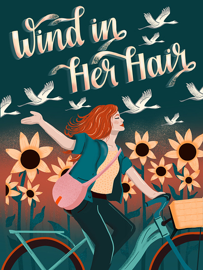 Wind in Her Hair Book Cover art licensing book cover design female character female illustrator girl riding bike hand drawn hand lettering illustration mock up procreate