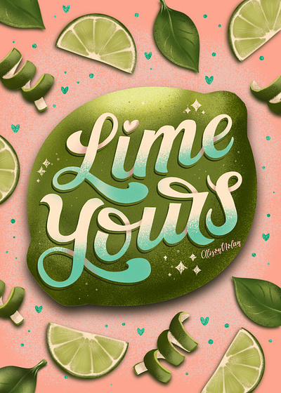 Lime Yours Valentine Card art licensing citrus fruit cuteandcupid design drawing challenge female illustrator greeting card hand drawn hand lettering illustration lime yours procreate valentine pun